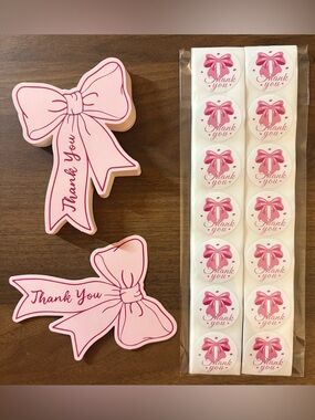 30 Pink Bow Thank You Cards w/100ct 1” Matching Stickers